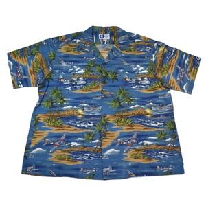 RJC Hawaiian Shirt Mens 3XL Blue WWII Military Aircraft Plane Print Cotton USA